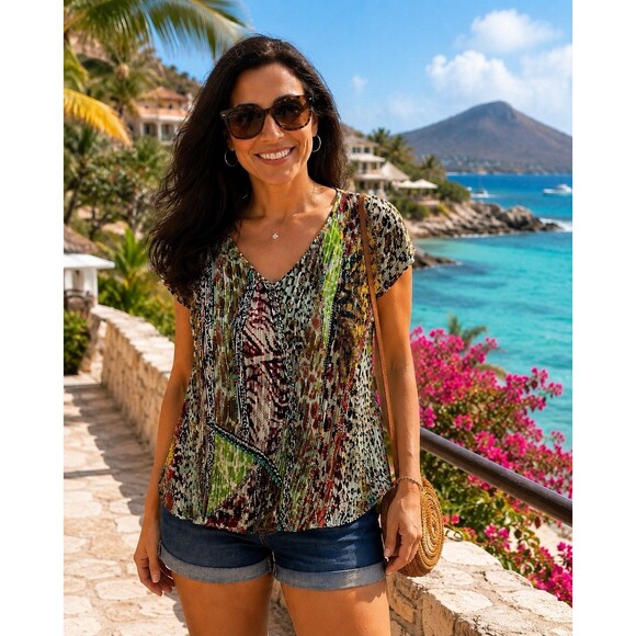 Milano Tops - Milano XL Pleated Mixed Print Stretch Tunic Blouse Top Multicolor Womens